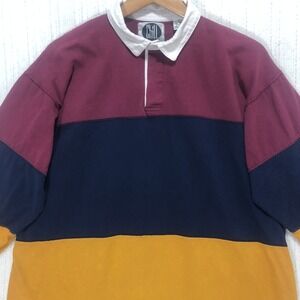 Chill Mens Colorblock Rugby Shirt Large Burgundy Navy Yellow Long Sleeve Cotton